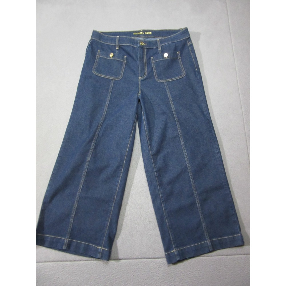 Michael Kors Jeans Womens 12 Blue Denim Wide Leg Cropped Stretch High Rise